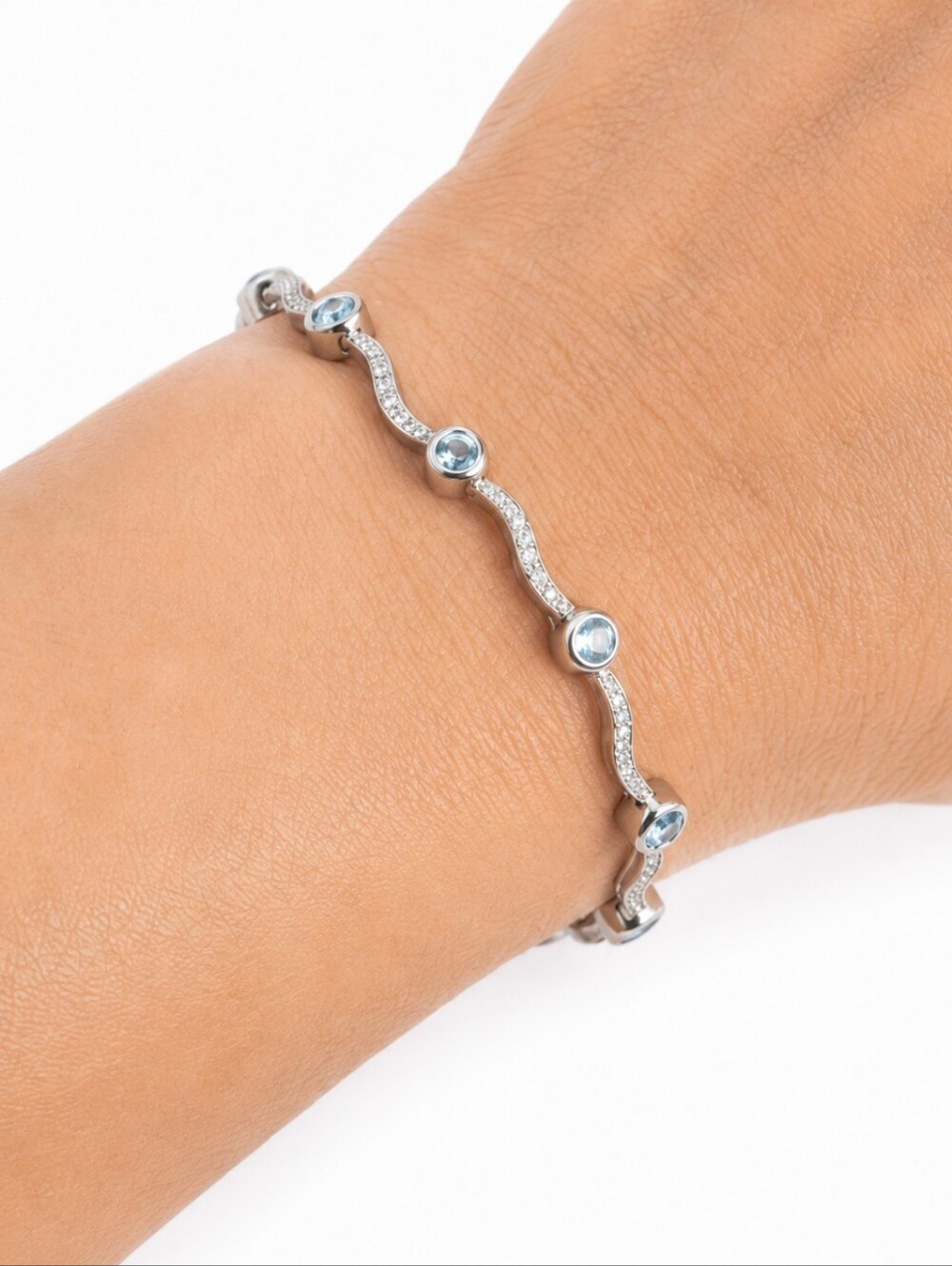 Sterling Silver Marcasite Blue Crystal Wavy Link Bracelet Vintage